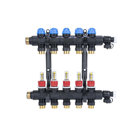 Rozdzielacz do ogrzewania podłogowego AFRISO ProCalida EF1 K 5-obieg. poliamid GZ 1'' x euroconus 3/4'' + przepływomierz + zawór napełn/spust