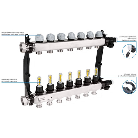 Rozdzielacz do ogrzewania podłogowego AFRISO ProCalida VA 1C 7-obieg. stal nierdzewna GZ 1'' x Euroconus 3/4''