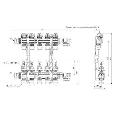 Rozdzielacz do ogrzewania podłogowego AFRISO ProCalida EF1 K 5-obieg. poliamid GZ 1'' x euroconus 3/4'' + przepływomierz + zawór napełn/spust