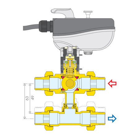 Trójdrożny kulowy zawór strefowy z napędem do instalacji klimatyzacyjnych 1" - 230V