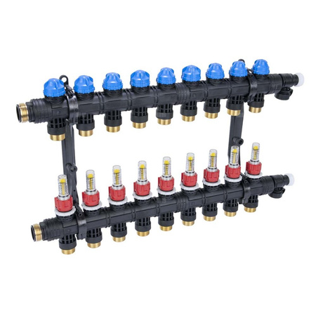 Rozdzielacz do ogrzewania podłogowego AFRISO ProCalida EF1 K 9-obieg. poliamid GZ 1'' x euroconus 3/4'' + przepływomierz + zawór napełn/spust
