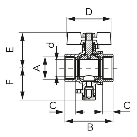 Zawór kulowy FERRO F-Power z przyłączem M10x1 do montażu czujnika temperatury 3/4'' GW, uchwyt: motylek