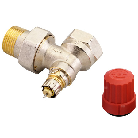 Zawór grzejnikowy termostatyczny DANFOSS kątowy (kąt prosty) z nastawą wstępną (bez ograniczenia skoku), połączenie 1'' (niklowanie) biały