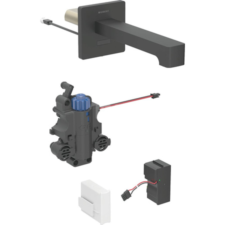 Bateria umywalkowa Geberit Brenta, ścienna, zasilanie sieciowe, do podtynkowej skrzynki funkcyjnej, z mieszaczem termostatycznym, L=17cm, czarny mat