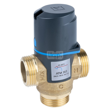 Zawór regulacyjny termostatyczny do wody ciepłej AFRISO ATM 363 ze śrubunkami mosiądz GZ 1'', DN 20, zakres temp. 35-60'C, Kvs 1.6 m3/h, maksymalna temperatura 90'C, maksymane ciśnienie 10 bar