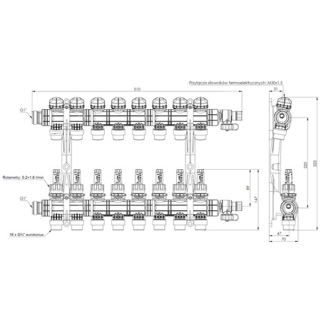 Rozdzielacz do ogrzewania podłogowego AFRISO ProCalida EF1 K 8-obieg. poliamid GZ 1'' x euroconus 3/4'' + przepływomierz + zawór napełn/spust