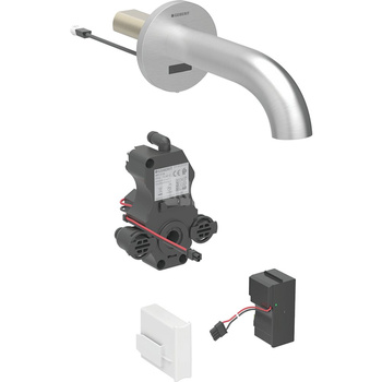 Bateria umywalkowa Geberit Piave, ścienna, zasilanie sieciowe, do podtynkowej skrzynki funkcyjnej, z mieszaczem, L17, stal nierdzewna