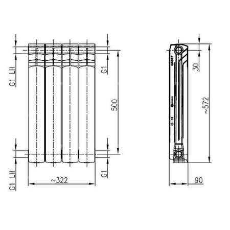 Grzejnik żeberkowy KFA Armatura G500/F 572 x 322 mm, kolor grafit (RAL 9007), moc 564 W