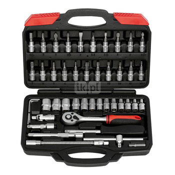 Zestaw 46szt.: bity wkrętakowe – 21 sztuk, nasadki kluczowe – 13 sztuk, klucze imbusowe - 4 sztuki, przedłużki – 3 sztuki (w tym jedna elastyczna), adaptery – 2 sztuki (w tym jeden przegubowy), grzechotka – 1 sztuka, rękojeści – 2 sztuki