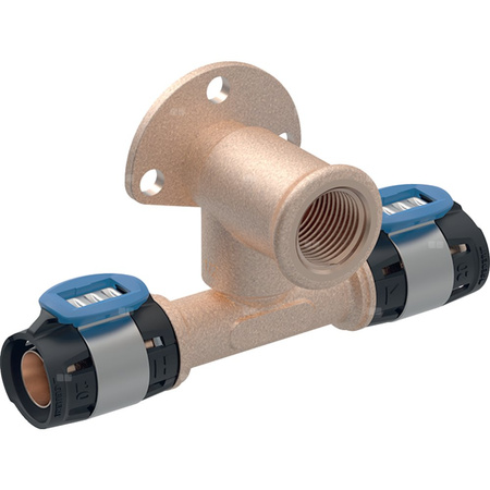 Trójnik przyłączeniowy T Geberit FlowFit 90 st. z odsadzeniem: Materiał=Brąz bezołowiowy (CuSn4Zn2PS), d=20mm, Rp=1/2 ", d1=20mm, L=5.2cm