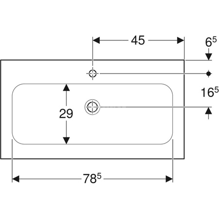 Umywalka GEBERIT iCon prostokątna, biała, 900mm, otwór na baterię na środku, nakładany od góry, bez odpływu przelewowego, półka od ściany
