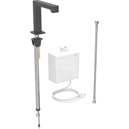 Bateria umywalkowa Geberit Brenta, stojąca, zasilanie sieciowe, z natynkową skrzynką funkcyjną, bez mieszacza, czarny mat