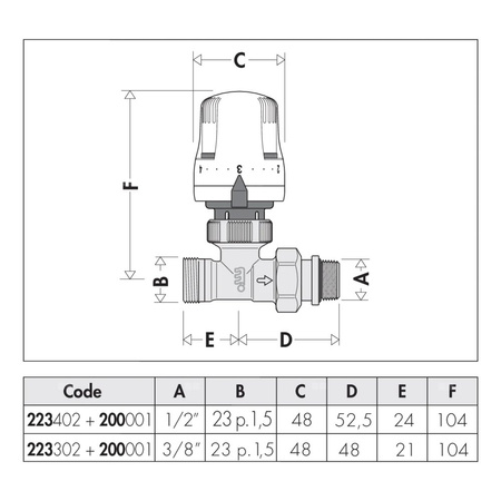 Grzejnikowy zawór termostatyczny prosty do rur miedzianych oraz z tworzyw sztucznych 3/8"