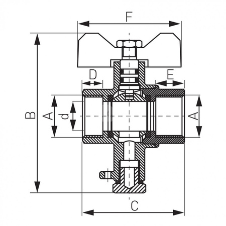 Zawór kulowy FERRO 3/4'' GW z przyłączem m10x1 do montażu czujnika temperatury, uchwyt: motylek