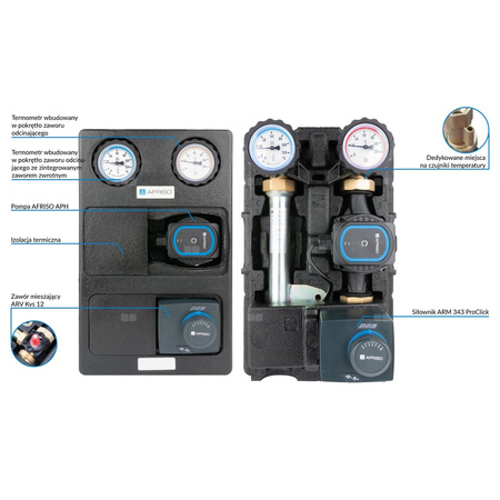 Grupa pompowa AFRISO PrimoTherm K 180-2 DN 25 AP 3-WM-SM GZ x GW 1 1/2'' x 1'', z zaworem mieszającym, z izolacją, z pompą obiegową, z siłownikiem arm 343 proclick