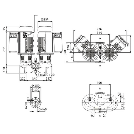 Pompa obiegowa WILO CronoTwin-DL-E 40/170-5,5/2 IE4 typu in-line z silnikiem znormalizowanym 50/60 Hz, moc silnika 5.5kW 10.7 A 2900 obr/min, wlot Kołnierz DN 40