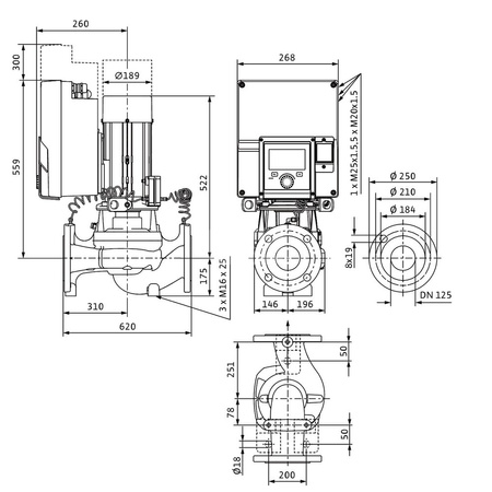 Pompa obiegowa WILO Stratos GIGA 2.0-I 125/1-7/2,2-S1 typu in-line z silnikiem znormalizowanym 50/60 Hz, moc silnika 2.1kW 3.6 A 1410 obr/min, wlot Kołnierz DN 125