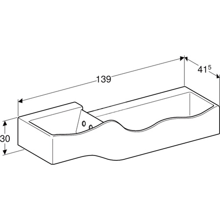 Umywalka GEBERIT Bambini podwójna 3-stanowiskowa prostokątna (rynna, bez elementów dekoracyjnych), biała, 1390mm, bez otworu na baterię, bez odpływu przelewowego, półka od ściany