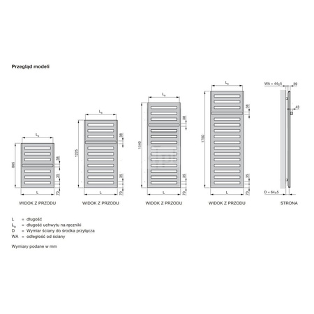 Grzejnik drabinkowy ZEHNDER Metropolitan Bar, wym. 1225 x 600 mm, kolor biały RAL9016, moc 653W