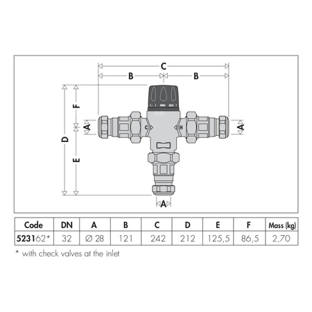 Regulowany termostatyczny zawór mieszający do systemów scentralizowanych. Z zaworami zwrotnymi i złączkami zaciskowymi O 28 35÷