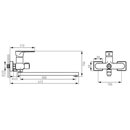 Bateria wannowo-umywalkowa ścienna FERRO ALGEO SQUARE, chrom, z przyłączem natrysku