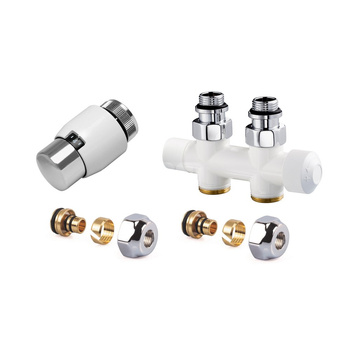 Zestaw BIAŁY do grzejników dolnozasilanych: głowica Thera-200 (biała/chrom) T4021, zawór podwójny, prosty, V2881DSL15A + 2x złączka do rur wielowarstwowych FEM24M16X2