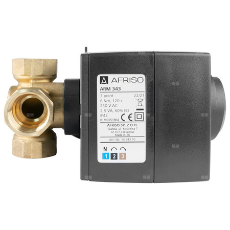 Zawór obrotowy czterodrogowy AFRISO ARV 482 ProClick, mieszający, Siłownik elektryczny ARM 343 ProClick, DN 20