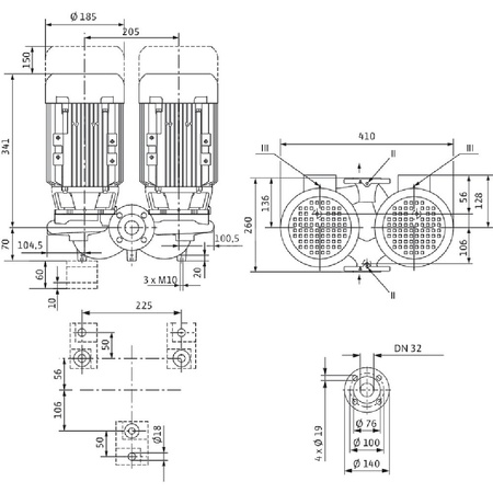 Pompa obiegowa WILO VeroTwin-DPL 32/105-0,75/2-IE3 typu in-line z silnikiem znormalizowanym 50 Hz, moc silnika 0.75kW 1.84 A 2900 obr/min, wlot Kołnierz DN 32