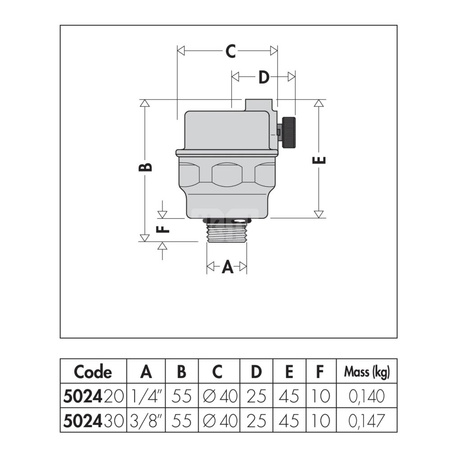 ROBOCAL - Automatyczny zawór odpowietrzający. Upust poziomy 3/8" GZ