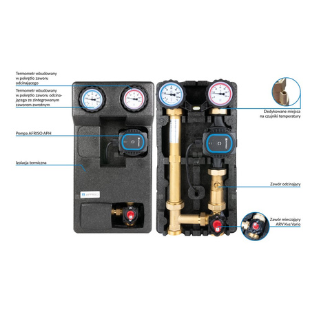 Grupa pompowa AFRISO PrimoTherm 180-2 DN 25 AP 3-WM Vario GZ x GW 1 1/2'' x 1'', z zaworem mieszającym, z izolacją, z pompą obiegową