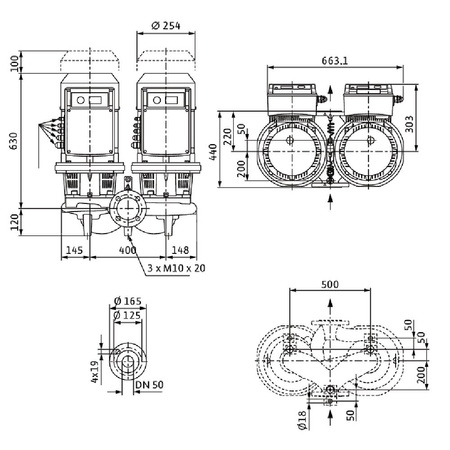 Pompa obiegowa WILO CronoTwin-DL-E 50/180-7,5/2 IE4 typu in-line z silnikiem znormalizowanym 50/60 Hz, moc silnika 7.5kW 13.3 A 2900 obr/min, wlot Kołnierz DN 50