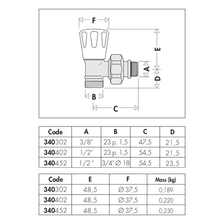 Grzejnikowy ręczny zawór kątowy do rur miedzianych oraz rur z tworzyw sztucznych 1/2"x 3/4"