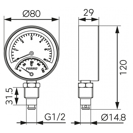 Termometr bimetaliczny FERRO fi 80 mm 120'C 6 bar połączenie radialny