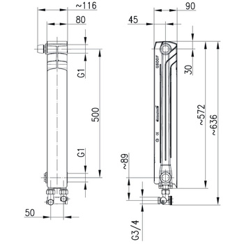 Element grzejnikowy lewy G500 F/D/1 z jonami srebra, z dol. zas. krzyż. i zesp. przył. kątowym [50 x 50]