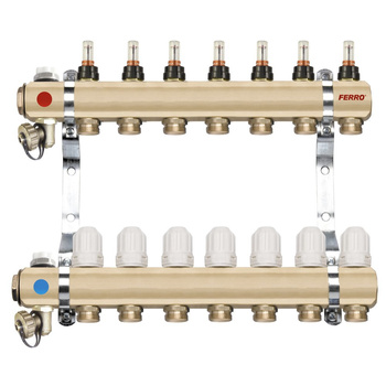 Rozdzielacz do ogrzewania podłogowego FERRO RZP06S 6-obieg. mosiądz gw 1'' x gz 3/4'' + przepływomierz + termostat