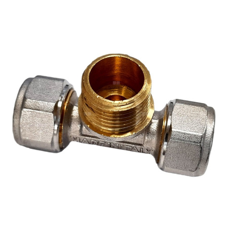 Trójnik QIK Skręcany do rur wielowarstwowych mosiądz 26 mm x 1'' x 26 mm (złącze skręcane x GZ x złącze skręcane)