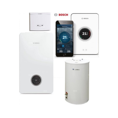 Pakiet - Kocioł gazowy jednofunkcyjny BOSCH TERMOTECHNIKA CONDENS GC2300iW15P kondensacyjny wiszący 16.1 kW + Czujnik c.w.u. + Regulator CT200 (biały) + Moduł sterowania K20RF + Zasobnik c.w.u WST120-5O