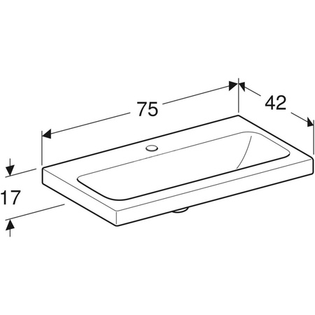 Umywalka GEBERIT iCon Light prostokątna, biała, 750mm, otwór na baterię na środku, bez odpływu przelewowego, półka od ściany