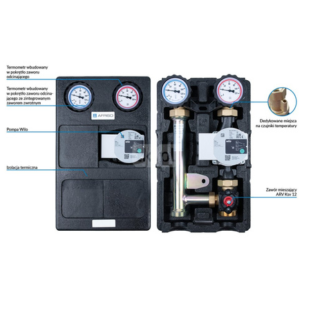 Grupa pompowa AFRISO PrimoTherm K 180-2 DN25 WP 3-WM GZ x GW 1 1/2'' x 1'', z zaworem mieszającym, z izolacją, z pompą obiegową