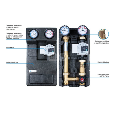 Grupa pompowa AFRISO PrimoTherm 180-2 DN25 WP 3-WM Vario GZ x GW 1 1/2'' x 1'', z zaworem mieszającym, z izolacją, z pompą obiegową