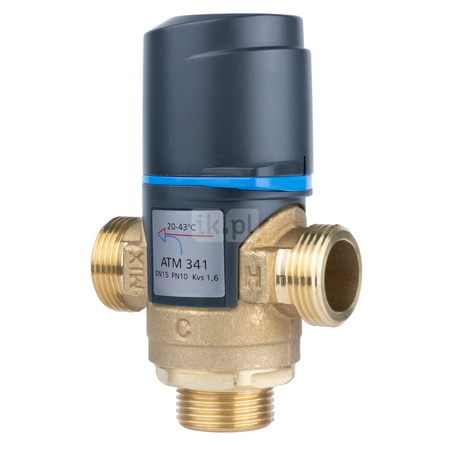 Zawór regulacyjny termostatyczny do wody ciepłej AFRISO ATM 341 mosiądz GZ 3/4'', DN 15, zakres temp. 20-43'C, Kvs 1.6 m3/h, maksymalna temperatura 90'C, maksymane ciśnienie 10 bar