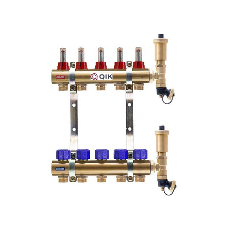 Rozdzielacz do ogrzewania podłogowego QIK STANDARD II TN 16-obieg. mosiądz gw 1'' x gz 3/4'' + przepływomierz