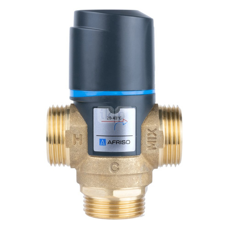 Zawór regulacyjny termostatyczny do wody ciepłej AFRISO ATM 561 ze śrubunkami mosiądz GZ 1'', DN 20, zakres temp. 20-43'C, Kvs 2.5 m3/h, maksymalna temperatura 90'C, maksymane ciśnienie 10 bar