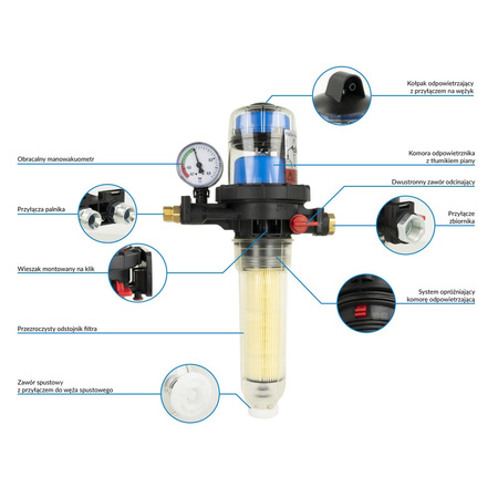 Filtr olejowy AFRISO FloCo-Top-2CM Optimum MC-18zintegrowany z odpowietrznikiem fi 3/8''/3/8'' GW x GZ, z wkładem opticlean, maks. przepływ 100 l/h