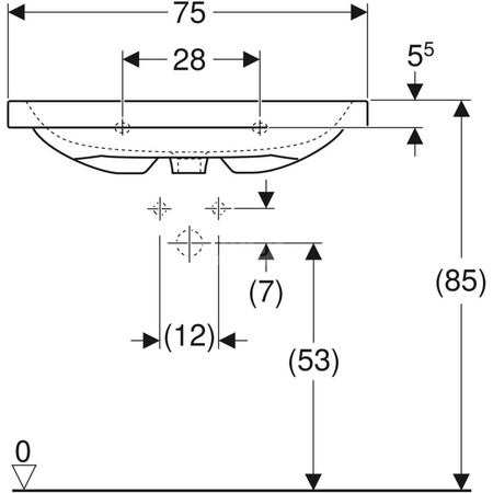 Umywalka GEBERIT iCon Light prostokątna, biała, 750mm, otwór na baterię na środku, stawiana na blat, z odpływem przelewowym, półka od ściany