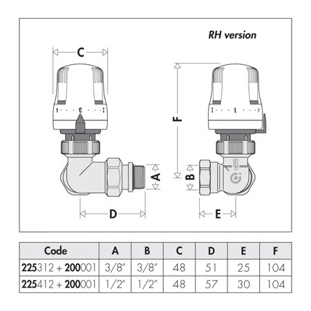 3-osiowy grzejnikowy zawór termostatyczny do rur stalowych (i miedzianych z serią 441). Wykonanie prawe 1/2"