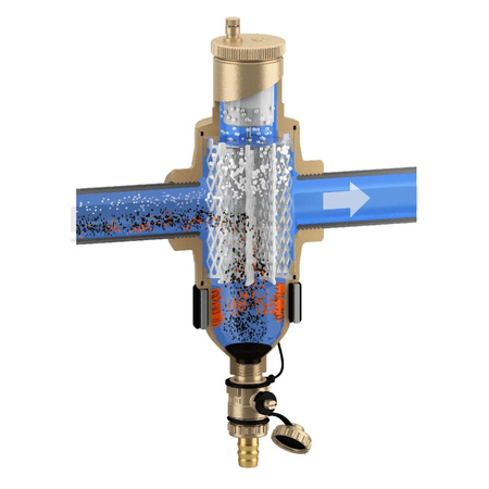 Separator CALEFFI DISCALDIRTMAG, 10 bar / 110'C, 3/4'', z wkładem magnesowym, kolor: mosiądz