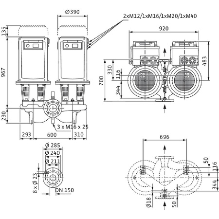 Pompa obiegowa WILO CronoTwin-DL-E 150/270-22/4-R1-S1 typu in-line z silnikiem znormalizowanym 50/60 Hz, moc silnika 22kW 38.1 A 1450 obr/min, wlot Kołnierz DN 150