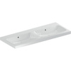 Umywalka GEBERIT iCon Light podwójna 2-stanowiskowa prostokątna, biała, 1200mm, bez otworu na baterię, z odpływem przelewowym, półka od ściany