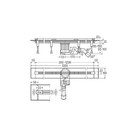 Odpływ prysznicowy prostokątny VIEGA 4965.10, 1300 x 110 x 95 mm, dł: 1200 mm, szer: 20 mm, z syfonem